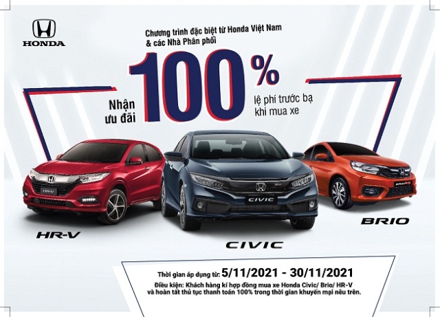 Honda hỗ trợ 100% lệ phí trước bạ cho khách hàng mua xe Civic, HR-V và Brio trong tháng 11-2021