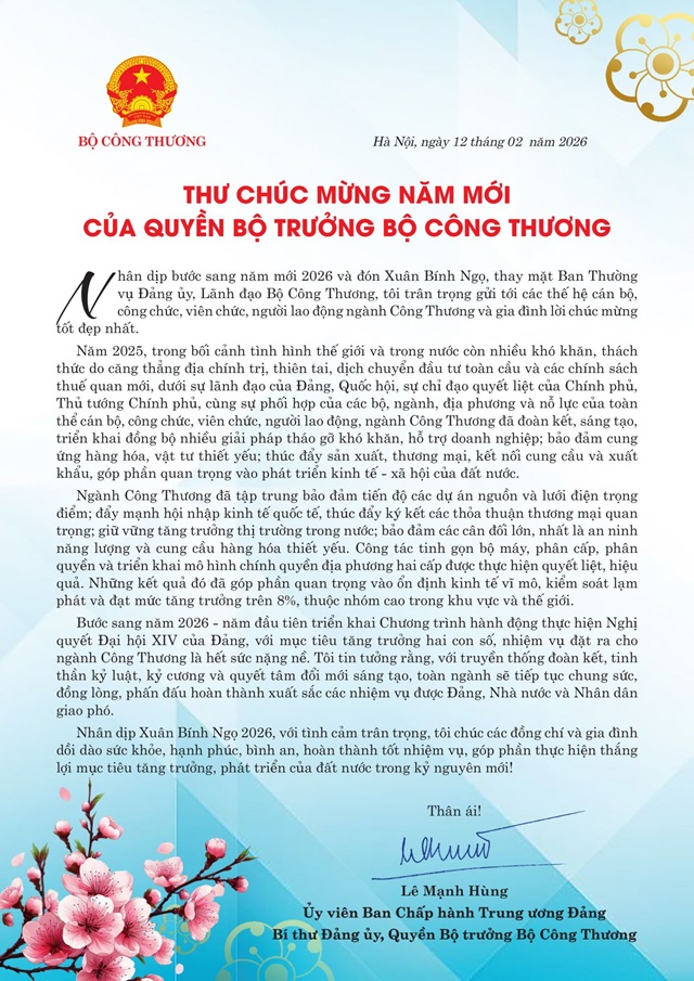 Quyền Bộ trưởng Lê Mạnh Hùng gửi thư chúc mừng năm mới tới các thế hệ cán bộ, công chức, viên chức, người lao động ngành Công Thương