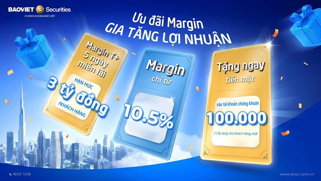 Chứng khoán Bảo Việt (BVSC) tiếp tục ưu đãi Margin, mở tài khoản mới với nhiều chính sách hấp dẫn