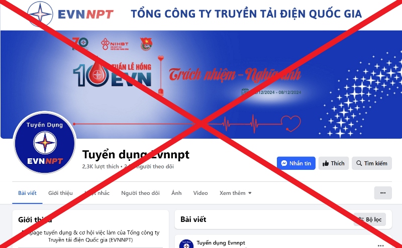 Cảnh báo Fanpage giả mạo thương hiệu EVNNPT đăng thông tin tuyển dụng