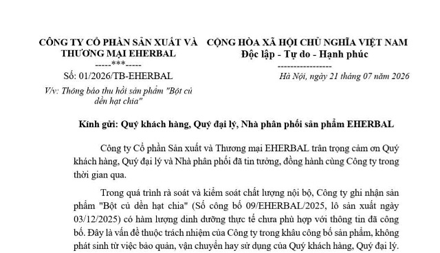 EHERBAL thu hồi sản phẩm