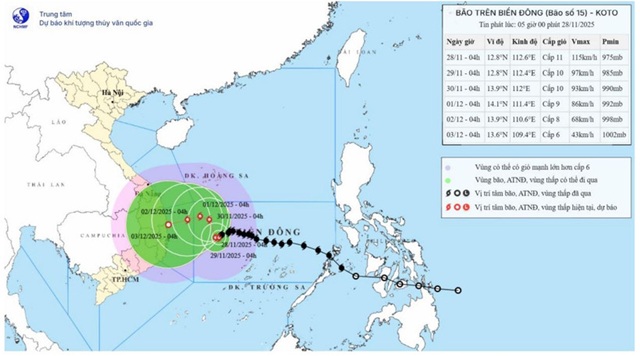 Bão số 15 đang giật cấp 14 trên Biển Đông, cách đảo Song Tử Tây khoảng 240km