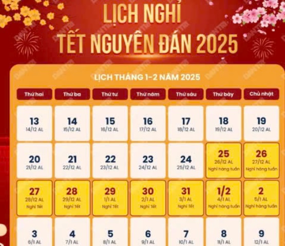 Thông báo chính thức về lịch nghỉ Tết dương lịch và Tết nguyên đán năm 2025