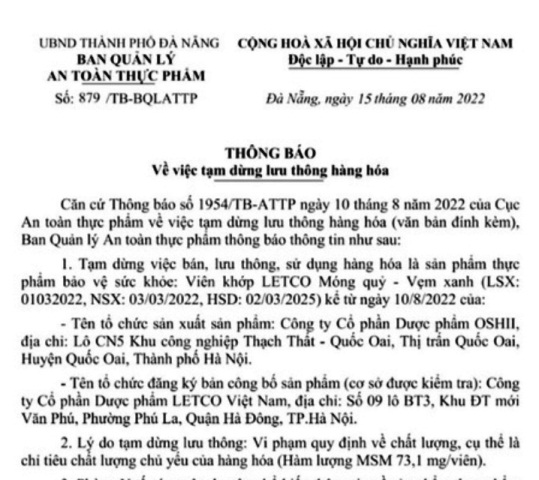 Vi phạm quy định về chỉ tiêu chất lượng chủ yếu của hàng hóa TPBVSK Viên khớp LETCO Móng quỷ - Vẹm xanh bị dừng lưu thông